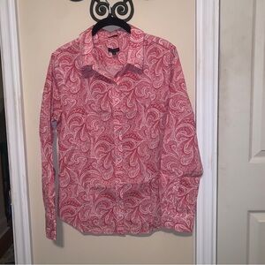 Talbots Blouse Red/White Paisley Button Up Collar Shirt Wrinkle Resistant Sz 10